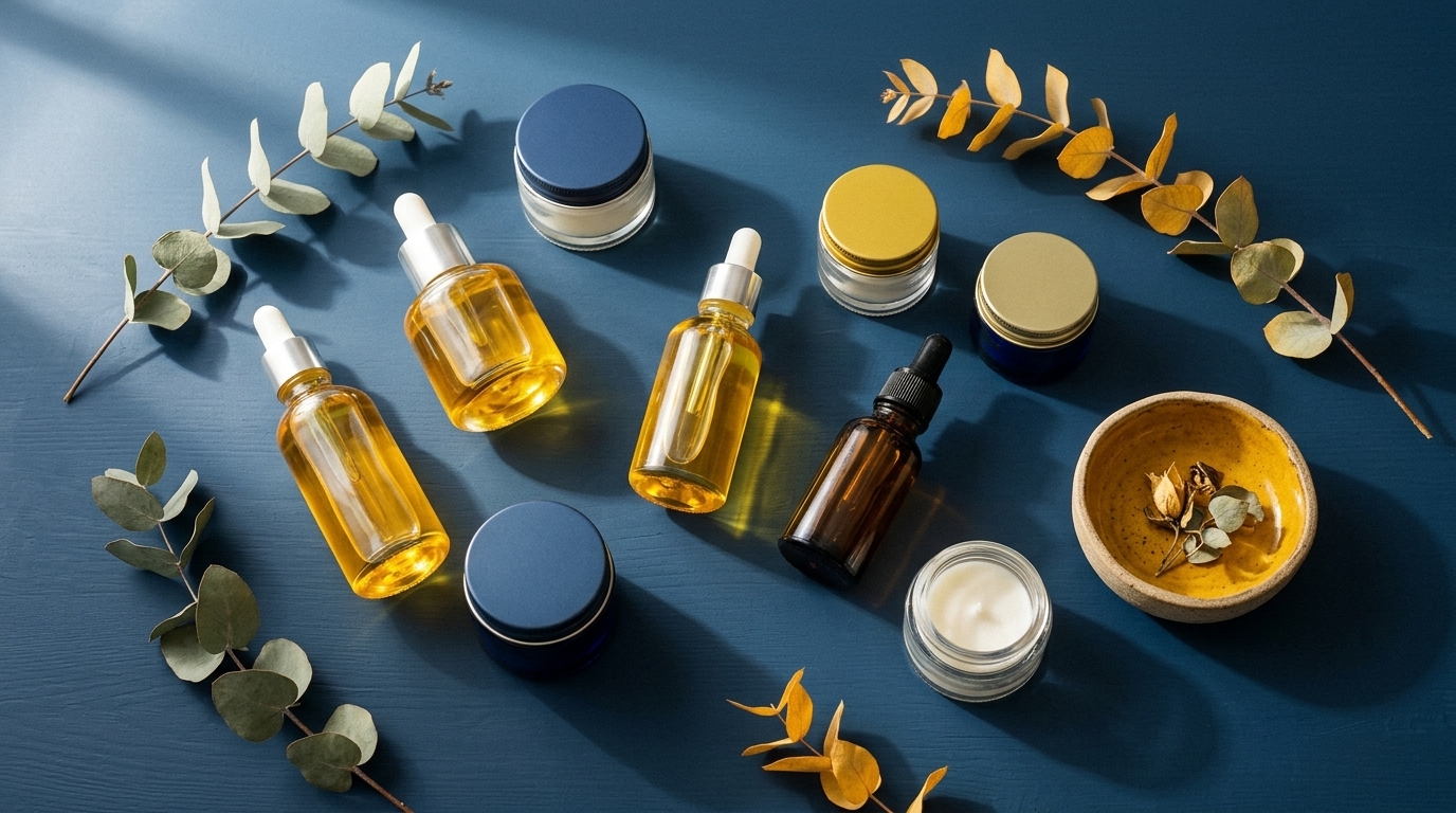 Cosmetic skincare flat lay blue - PT. Efba Digital Mulia Formulasi maklon kosmetik Efba Digital Mulia