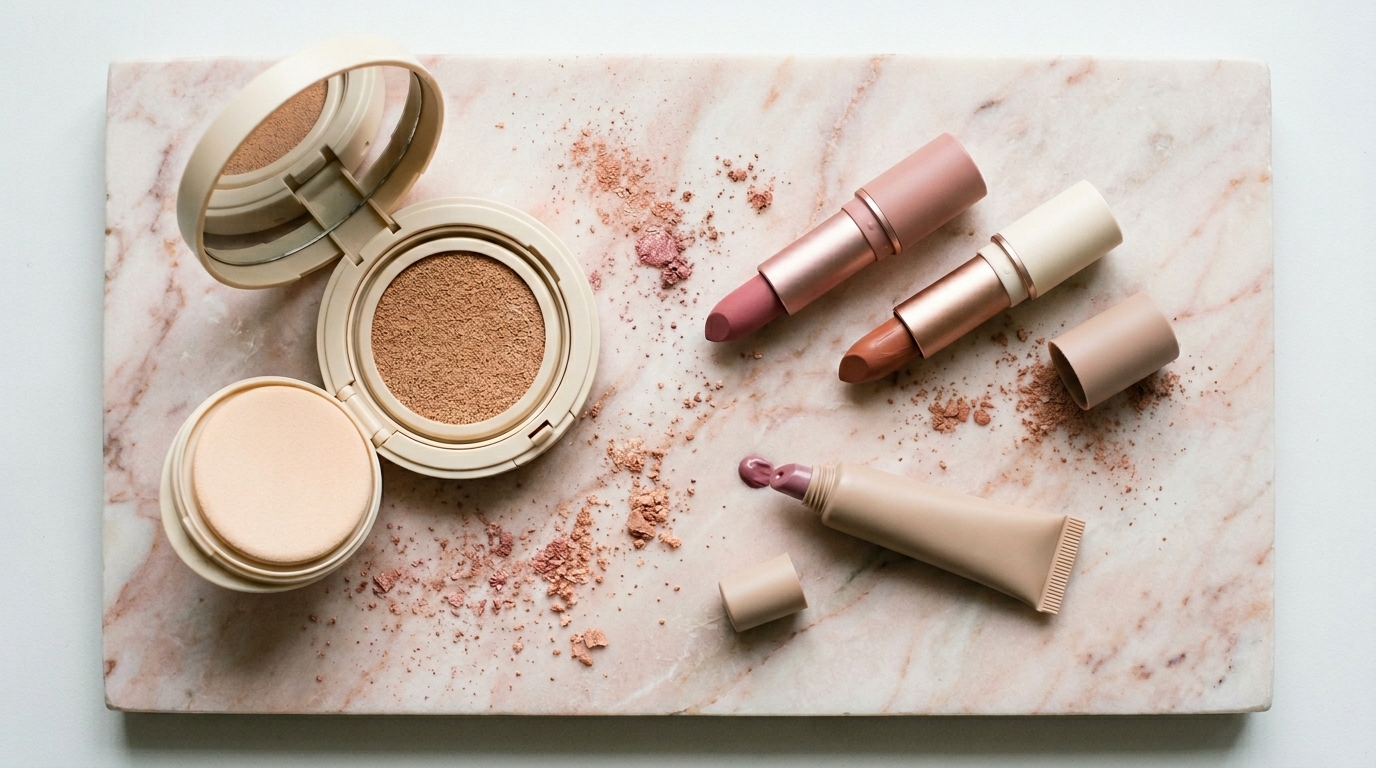 Makeup products on marble - PT. Efba Digital Mulia Maklon Decorative Makeup Efba